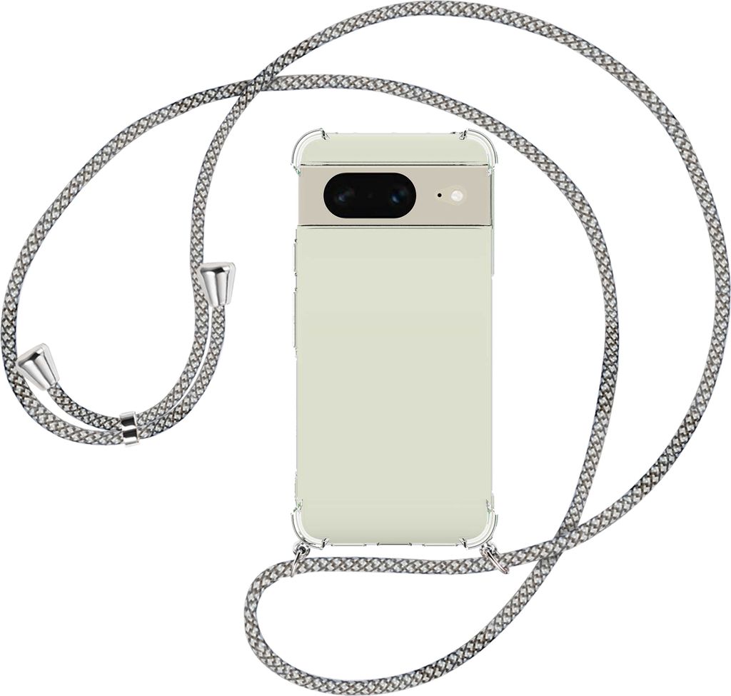 Handykette Backcover-Schutzhülle mit Band (Metall silberfarben) für Google Pixel 8 (6.2'') - weiß/grau kariert