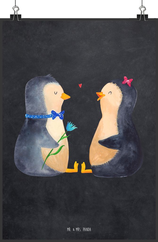 Mr. & Mrs. Panda Bild Pinguin Pärchen DIN A3 - Kreidetafel - Geschenk, Verknallt, Deko, Pinguine, Liebe, Hochzeitsgeschenk, drucke, wanddeko, Hoch...