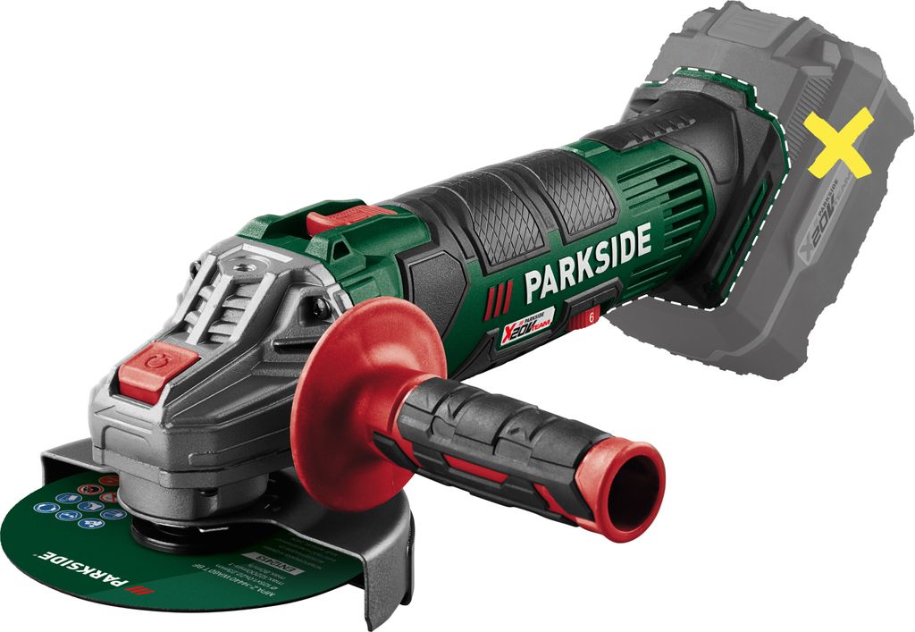 A cordless angle grinder is shown against a white background. The battery is outlined with a dashed line and marked with a yellow 'X', indicating it is not included.