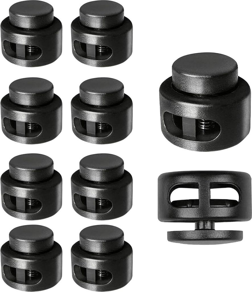 10 Stück Kordelstopper 2 Loch, Kordelklemme 2 Loch aus Kunststoff Schwarz Schnurstopper für bis Ø 5 mm Kordeln für Seile Jacken Gummikordel Sto...