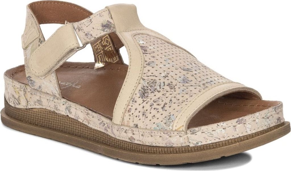 Sandalen aus Naturleder mit Keilabsatz und Dreipunkt-Klettverschluss in Beige