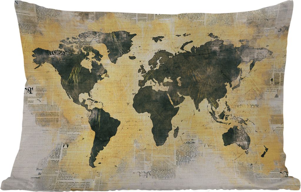 MuchoWow Outdoor Kissen - Weltkarte - Zeitung - Gold - 60x40 cm - Wetterfest - Lounge Kissen - Zierkissen - Kissen für Innenräume