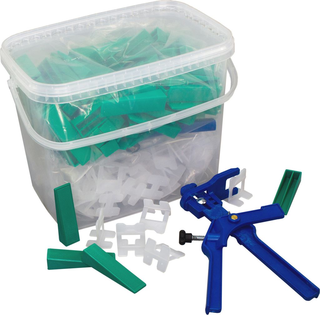 Kronen Hansa Nivelliersystem für Fliesen (Verlegehilfe zum Fliesenlegen, Starter Set für 2 mm Fugenbreite, 100 Zuglaschen, 100 Keile, Zange, Flie...