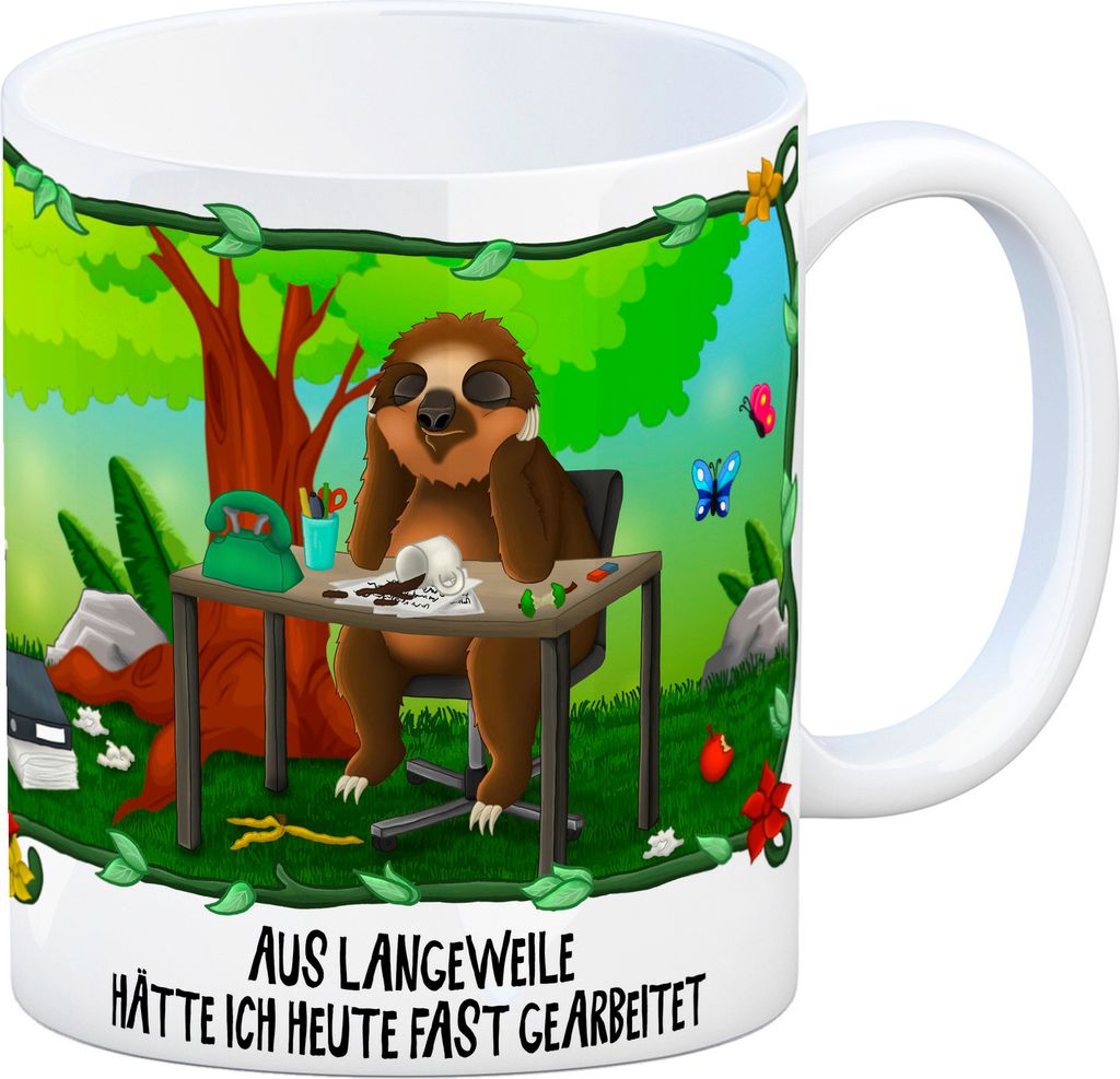 Kaffeebecher mit Faultier im Bürodschungel Motiv und Spruch: Aus Langeweile