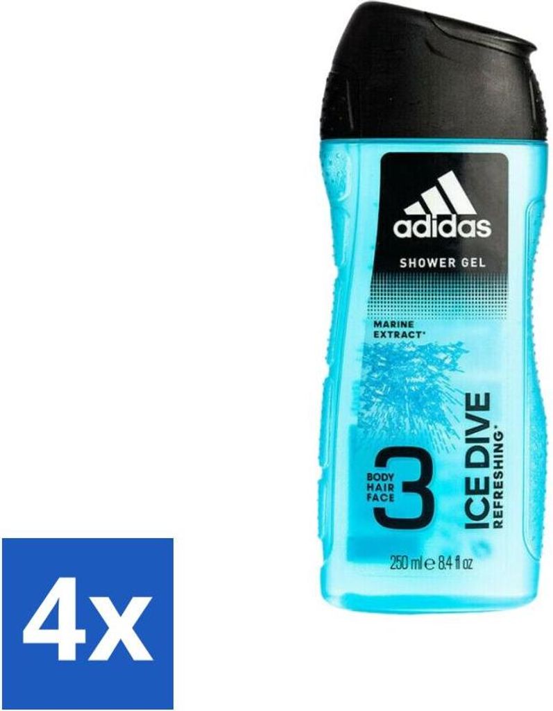 Adidas - 3-in-1 Duschgel - Ice Dive Refreshing - Meeresextrakt - 250 ml - Vorteilspack - 4 Stücke
