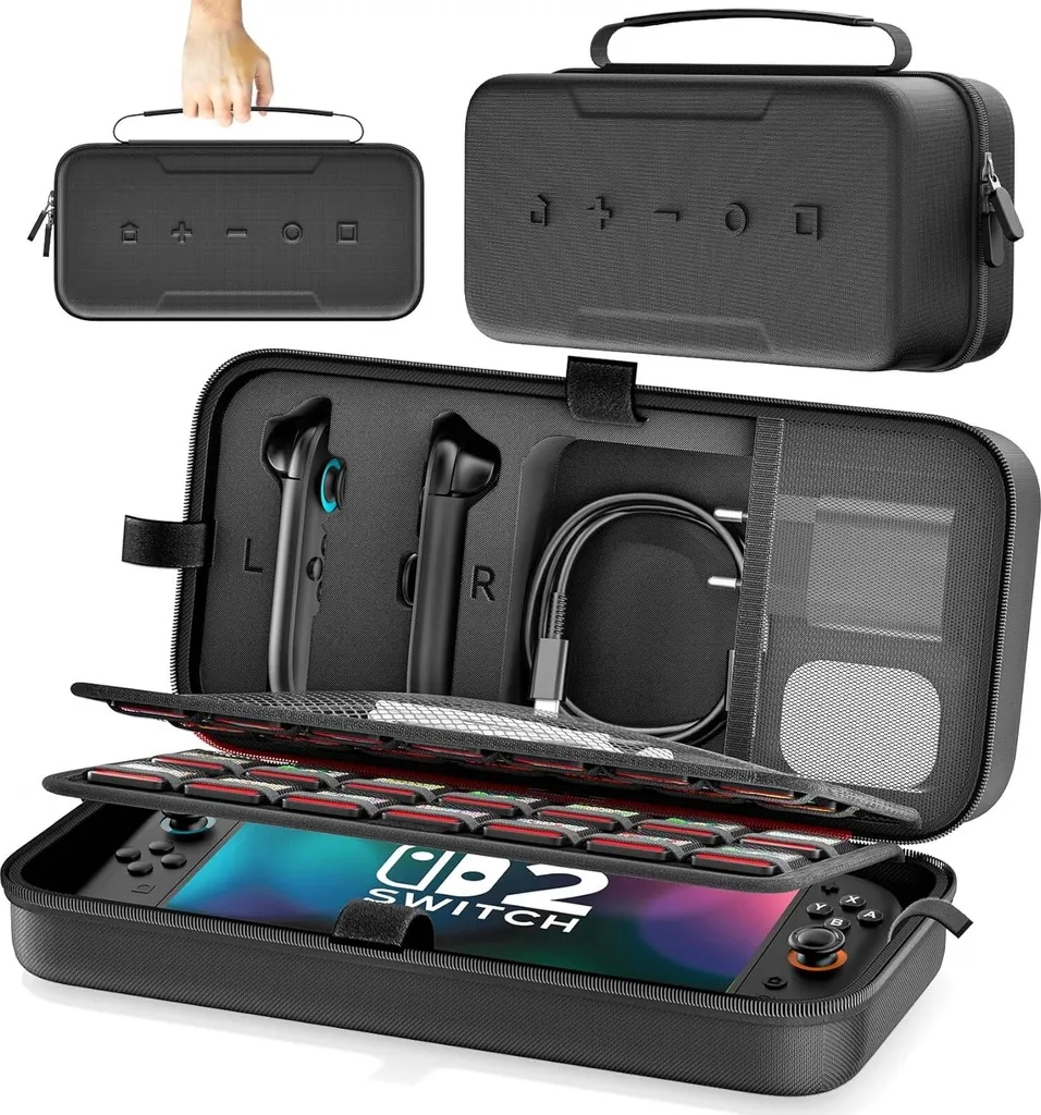 Custodia protettiva Kytok per Nintendo Switch 2 Grande tasca 28 scomparti Guscio rigido Nero