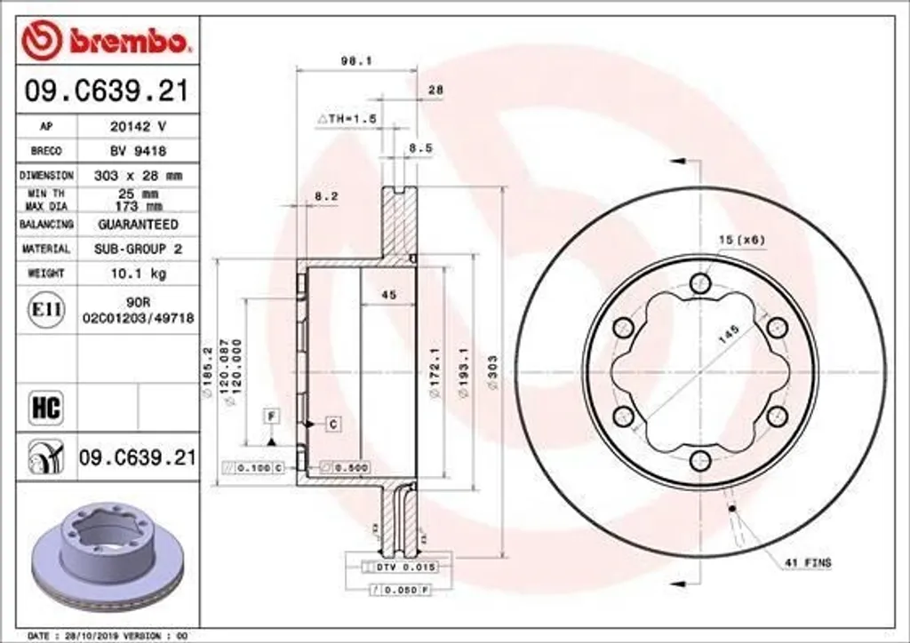 Brembo 09.C639.21 Disque de Frein Ventilé Haute Résistance pour Crafter