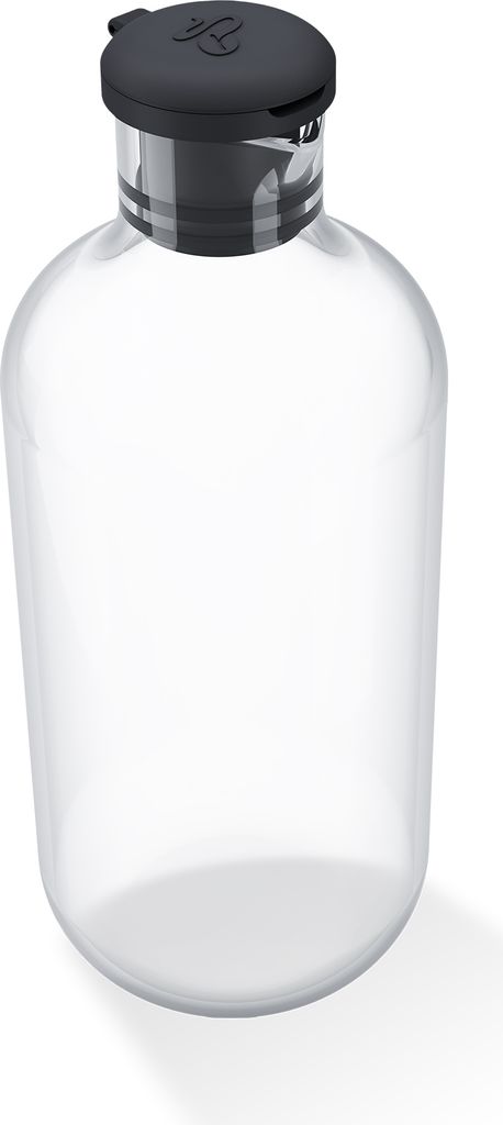 A clear glass milk carafe with a black lid, presented on a white background.