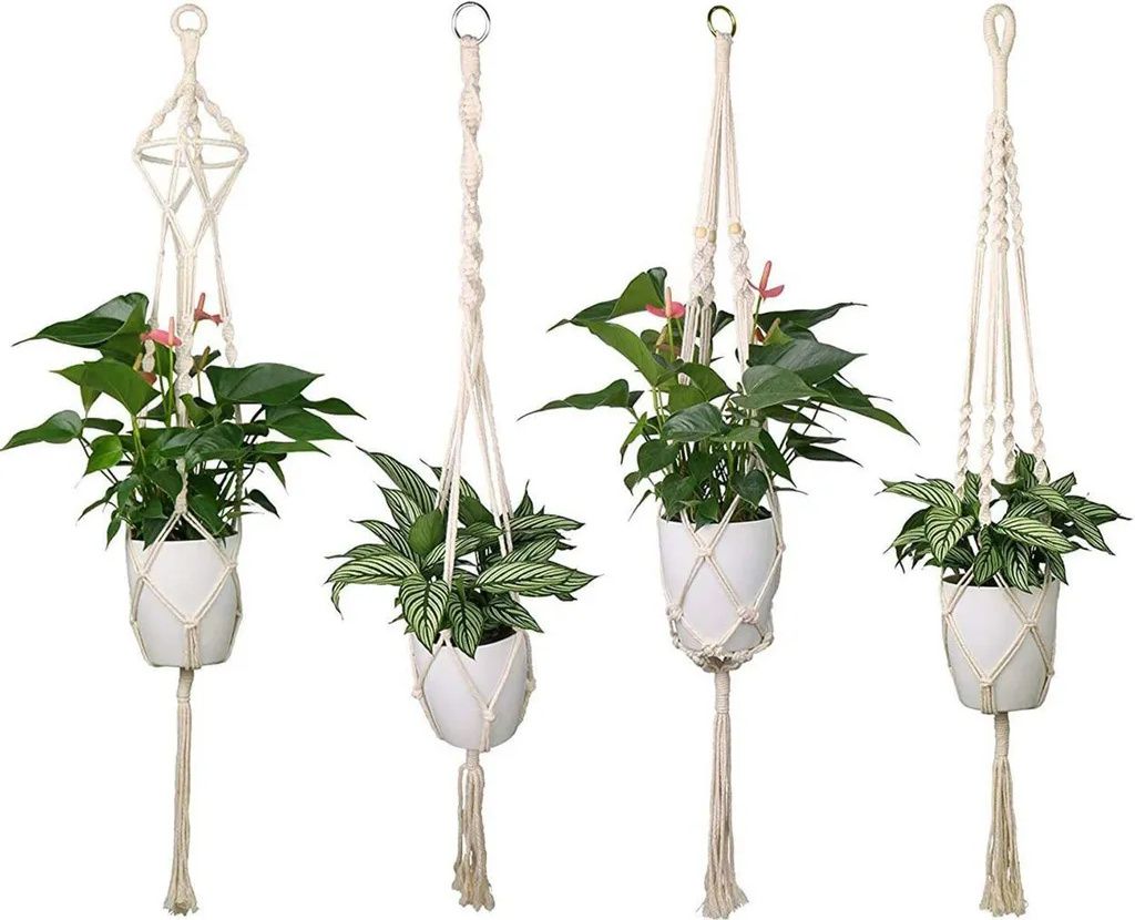 4 Stück Makramee Hängeampel Blumentopf Baumwollseil Blumenampel Pflanzen Halter Aufhänger für Innen Außen Decken Balkone Deko