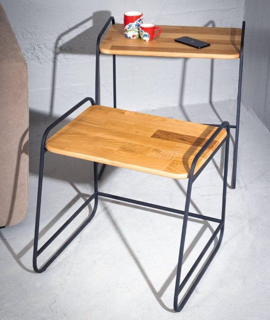 Hellbraunes Couchtisch-Set Wohnzimmer 2x Beistelltische Metalltische