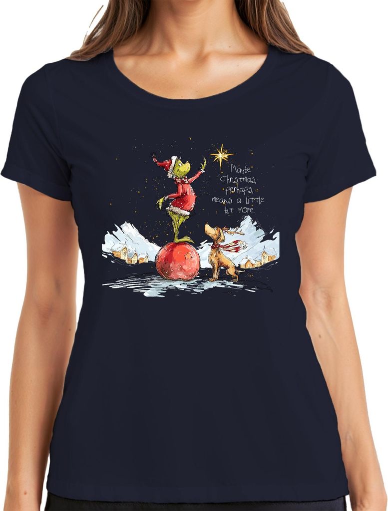 Maybe Christmas means a little more Grinch Weihnachten Ornament Damen T-Shirt, Navy, XXL