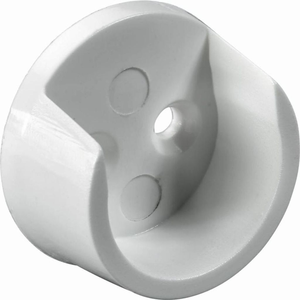 A white plastic bracket for a wardrobe rod.