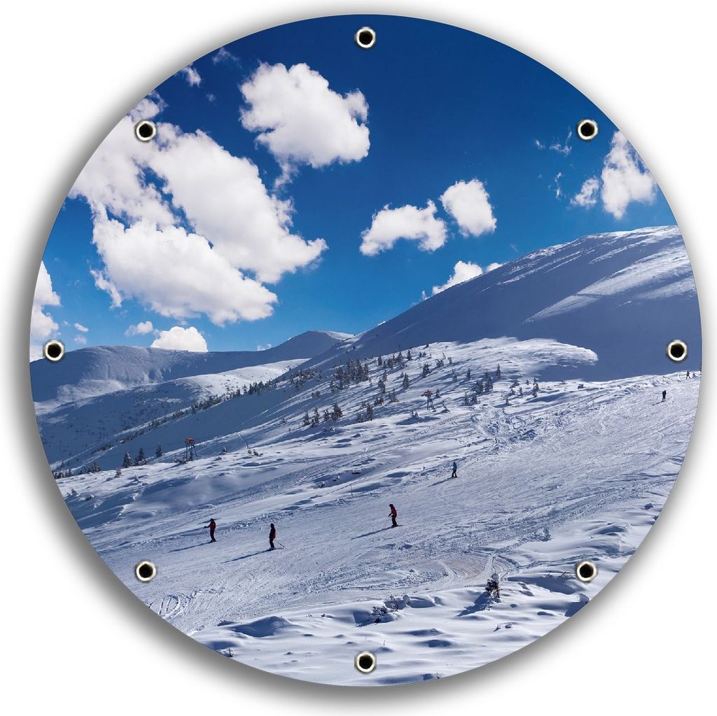 Wallario rundes Outdoor-Poster für Garten oder Balkon, Motiv Ski-Piste in den Alpen, 30 cm Durchmesser