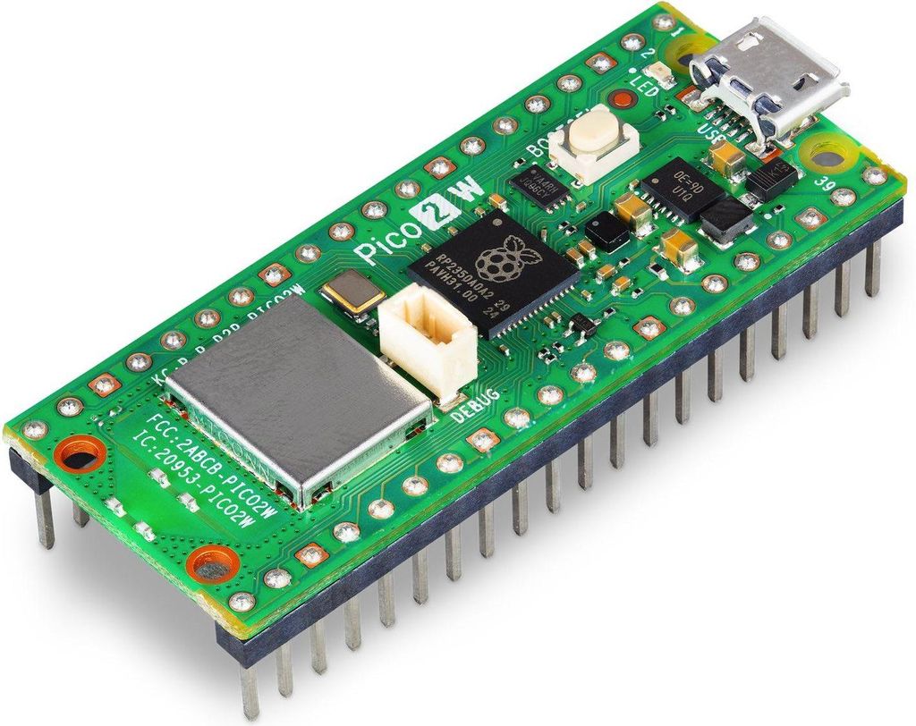 A close-up, angled view of a Raspberry Pi Pico 2W microcontroller board against a white background.