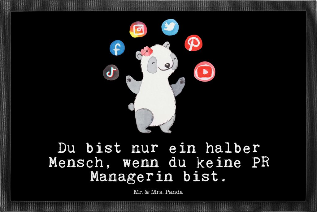Mr. & Mrs. Panda Gummimatte PR Managerin Herz 40 x 60 cm - Schwarz - Geschenk, fußmatte, Eingangsmatte, Fußabtreter, Schmutzmatte, Schmutzfangmatte