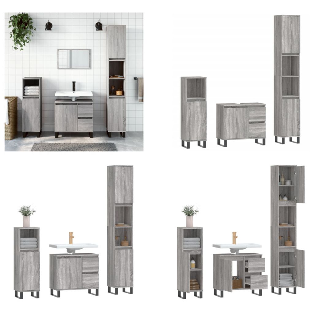 vidaXL 3 tlg. Badmöbel Set Grau Sonoma Holzwerkstoff - Badmöbel Set - Badmöbel Sets - Badezimmerschrank - Badezimmermöbel