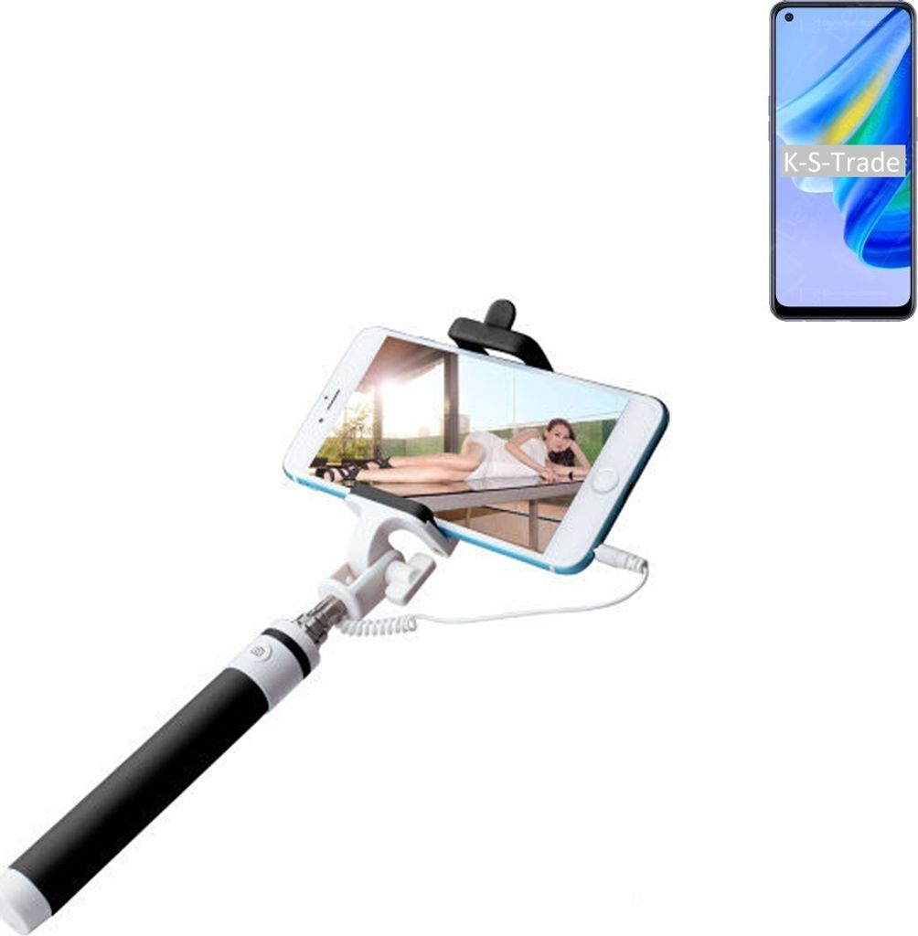 K-S-Trade Selfie Stick kompatibel mit Oppo Reno6 Lite Selfiestick kabelgebunden Monopod mit Kabel Stab Stange Selfportrait Handheldstick schwarz 1x