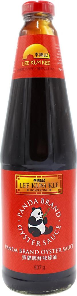A bottle of Lee Kum Kee Panda Brand Oyster Sauce.