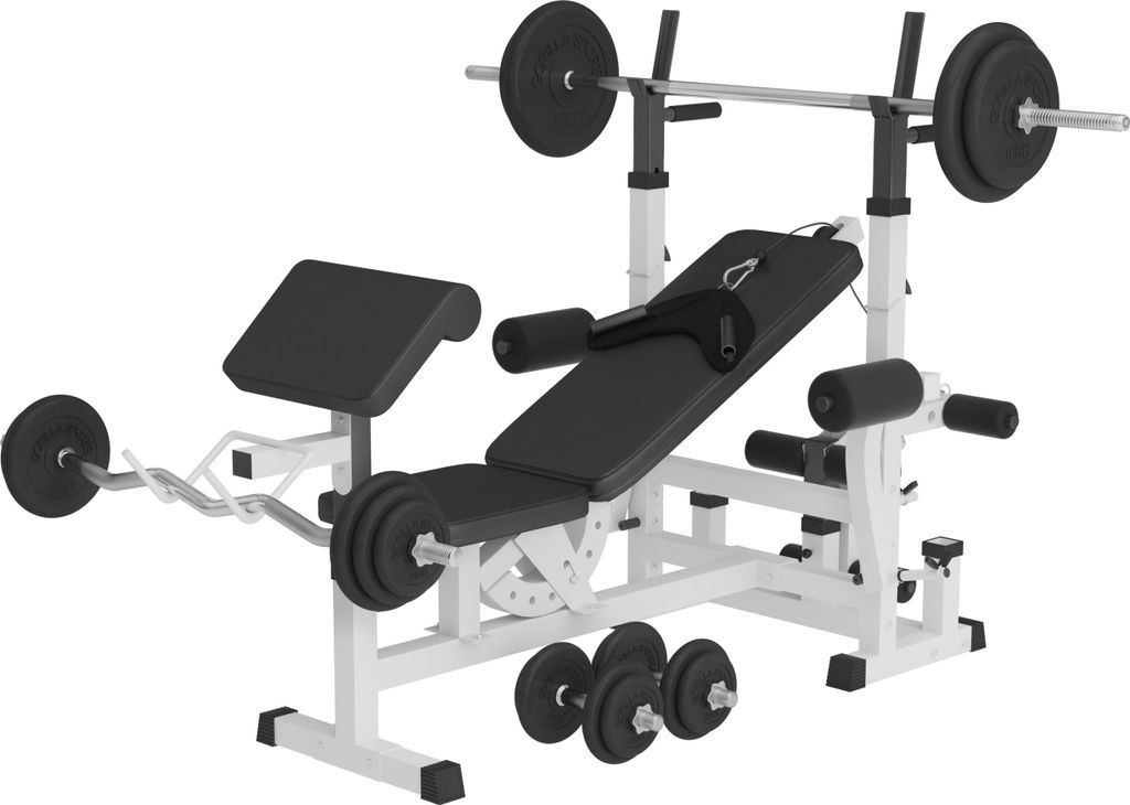 GORILLA SPORTS Kraftstation - Multifunktion Hantelbank mit 108 kg Hantelset, Ablage, Dip Station, Butterfly, Curlpult, Beincurler, Seilzug, Gummi...
