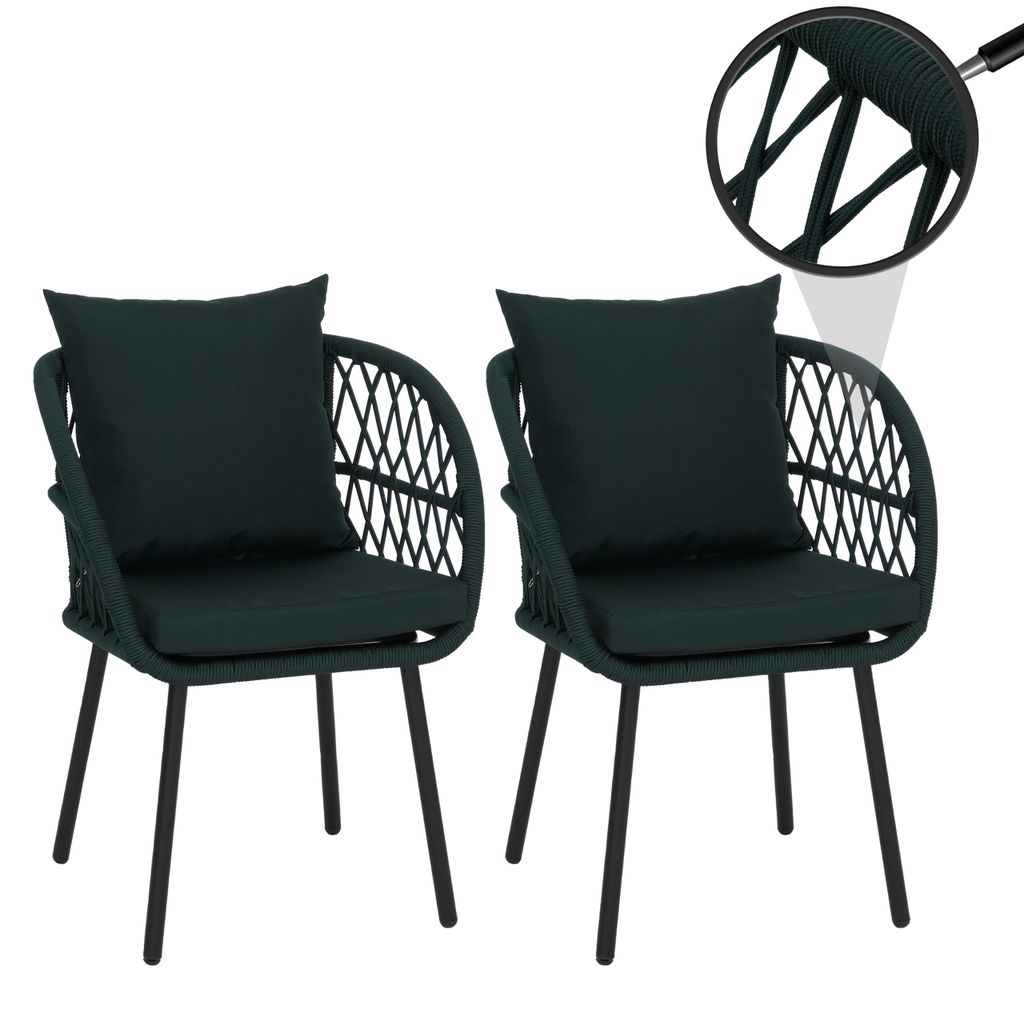 2er-Set Gartenstuhl HWC-Q38, Gartensessel Armlehne, Aluminium Seilgeflecht Rope Gestell schwarz, Polster grün