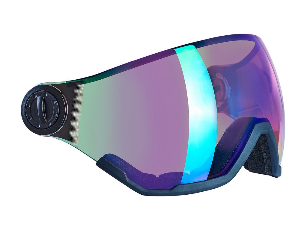 A single ski helmet visor with a rainbow-like reflective coating, shown against a white background.