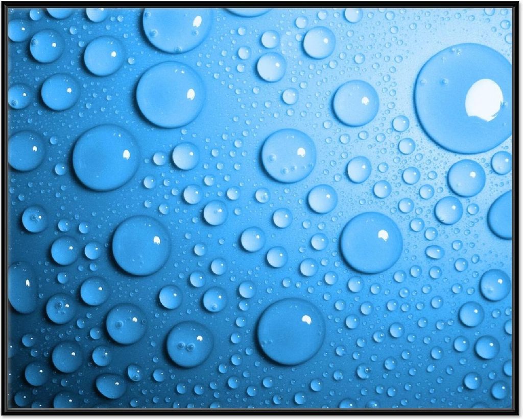 Wallario Wandbild Wassertropfen auf Blau, Größe: 40,30 x 50,30 cm, Poster mit schwarzem Aluminiumrahmen