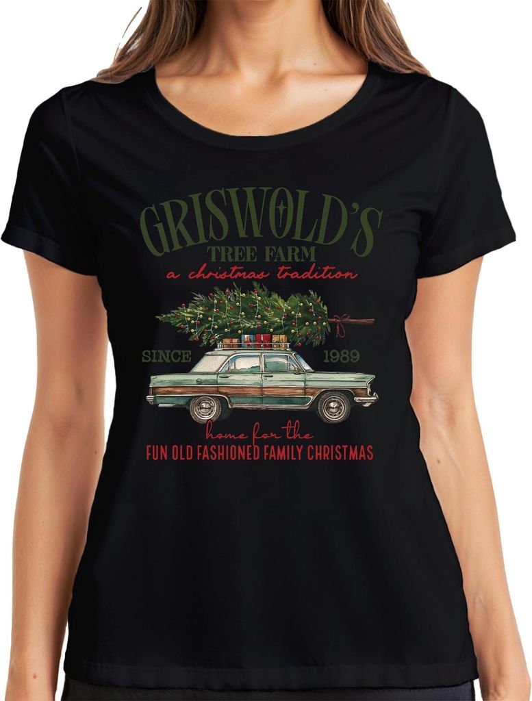 Griswold's Tree Farm a Christmas Tradition Family Vintage Auto Damen T-Shirt, Schwarz, XXL