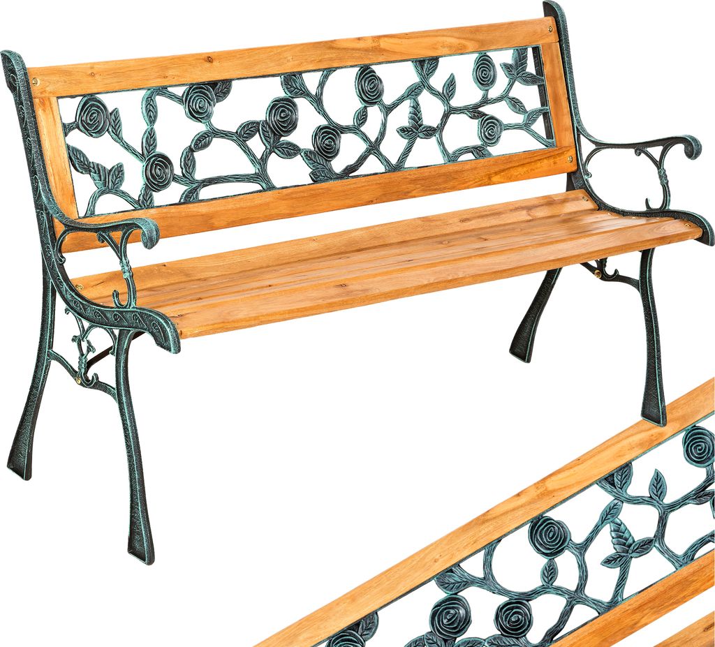 A garden bench with a wooden seat and backrest with decorative metalwork.