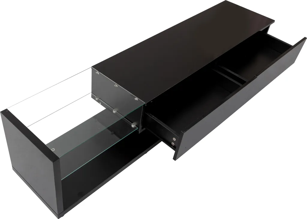 Meuble TV LED variable bicolore noir et bois avec vitre fixe