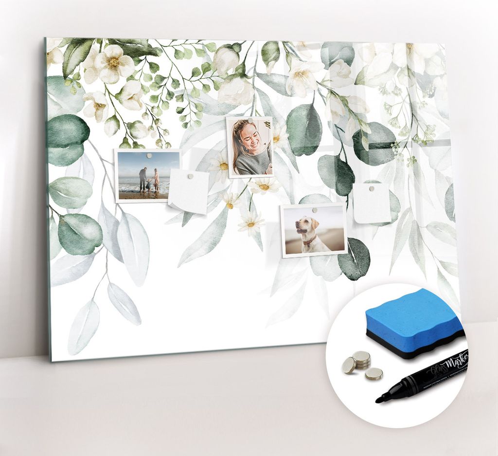 Magnetpinnwand Memoboard - Zubehörsatz - Schwarzer Marker + Schwamm + Magnete - 100 x 70 cm - Naturpflanzen