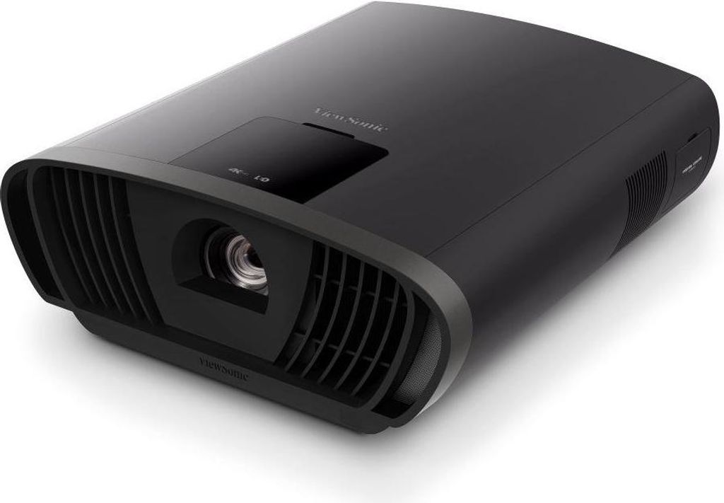 A black projector is shown from a three-quarter angle on a white background.