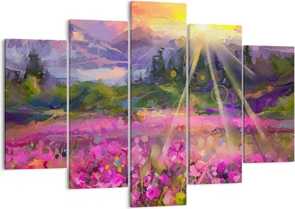 Bild auf Leinwand - Leinwandbild - Berge Blumen Blumen - 150x100cm - Wand Bild - Wanddeko - Leinwanddruck - Bilder - Kunstdruck - Wanddekoration - ...