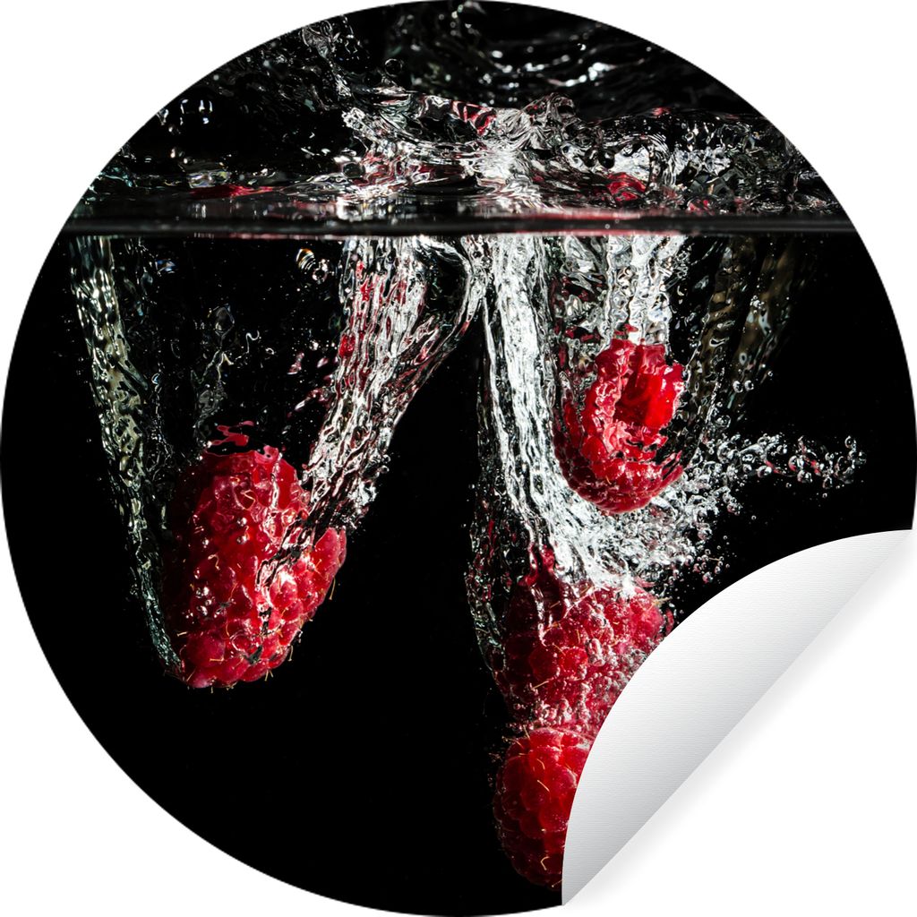 MuchoWow Runde Wandtattoo - Wandsticker Tapete Aufkleber Himbeeren - Obst - Stilleben - Wasser - Schwarz - Rot Ø 30 cm Selbstklebend und Reposit...