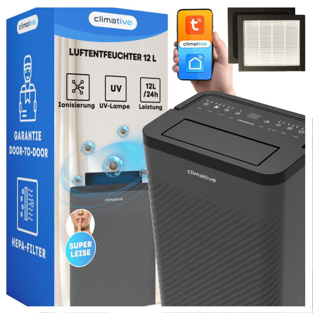 Luftentfeuchter 12l Luftreiniger Schwarz 2in1 Climative DH-12 Nexi ION UV WiFi ION HEPA für bis zu 20m² Smart Life, Tuya, Ionisation, Schlafmodus