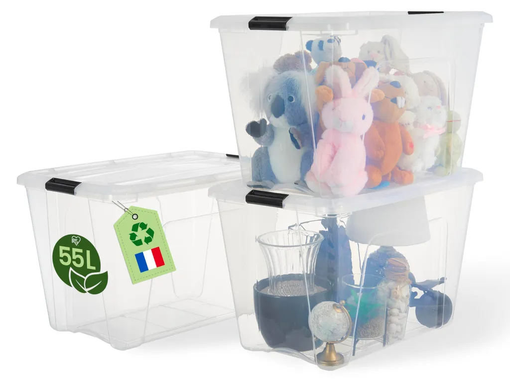Boîte de rangement écologique 55L recyclée transparente lot de trois