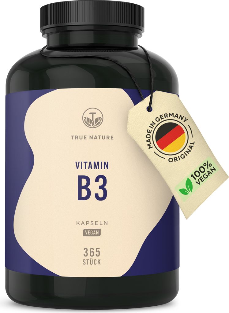 Vitamin B3 - 365 Kapseln - Hochdosiertes Nicotinamid - Vegan - (365 Tage Vorrat) - TRUE NATURE