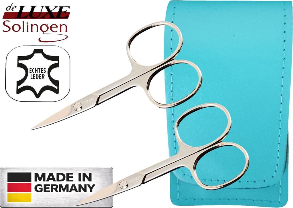 2x Solingen Nagelschere gehärteter Stahl – Extra scharf mit gebogener Schneide Echt-Leder Etui Türkis