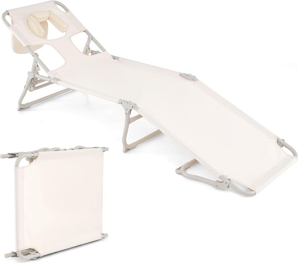 A cream-colored foldable lounge chair with a headrest is shown in two configurations: fully extended and folded. The chair has a gray metal frame.
