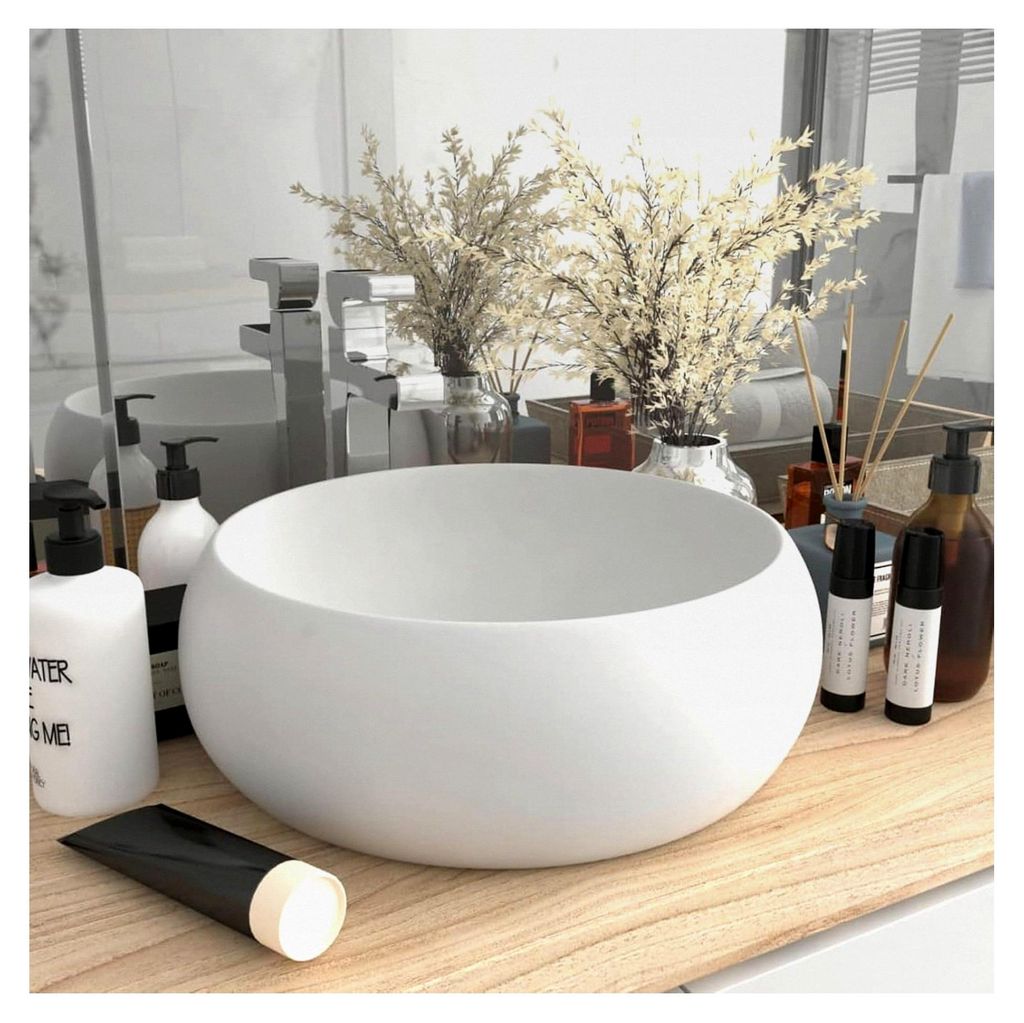 Rundes Waschbecken, Aufsatzwaschbecken aus weißer Keramik mit matter Oberfläche, 40 cm Durchmesser, Abfluss 4,5 cm für Badezimmer und Gäste-WC