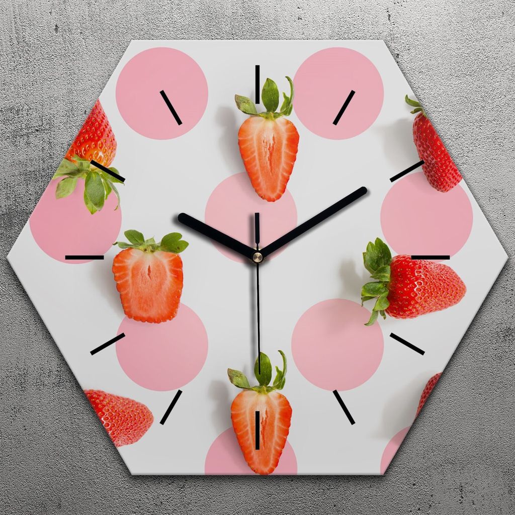 Uhr hexagonal 40 cm Glas Geräuschlos schwarze Zeiger - Weiße Früchte