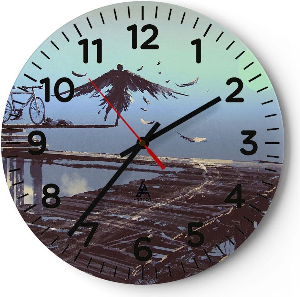 Wanduhr - Rund - Glasuhr - Vogel Fahrrad modern - 30x30cm - Schleichendes Uhrwerk - Lautlos - zum Aufhängen bereit - Dekoration Modern - Wanddekor...