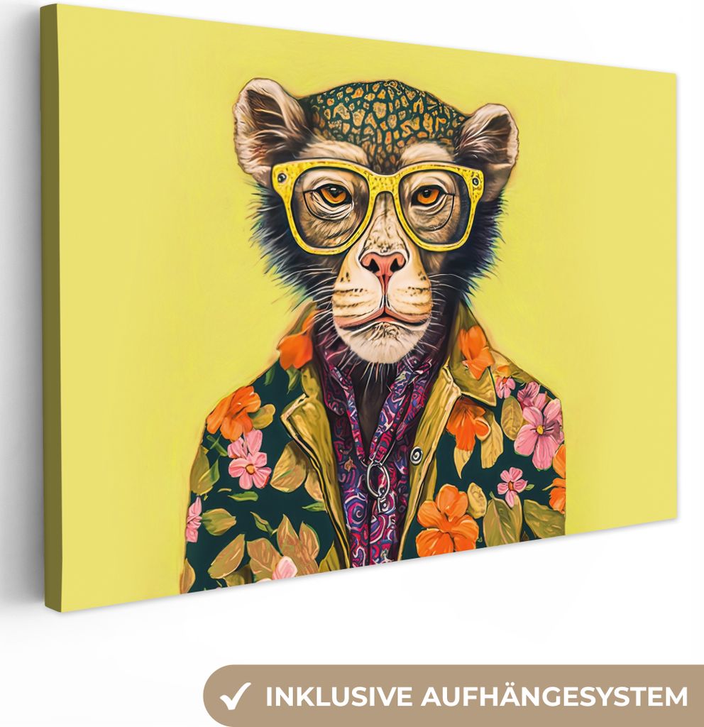 OneMillionCanvasses - Leinwandbilder - 150x100 cm, Affe - Tiere - Brillen - Design - Blumen, Wandbilder Kunstdruck Wanddekoration - Foto auf Lein...