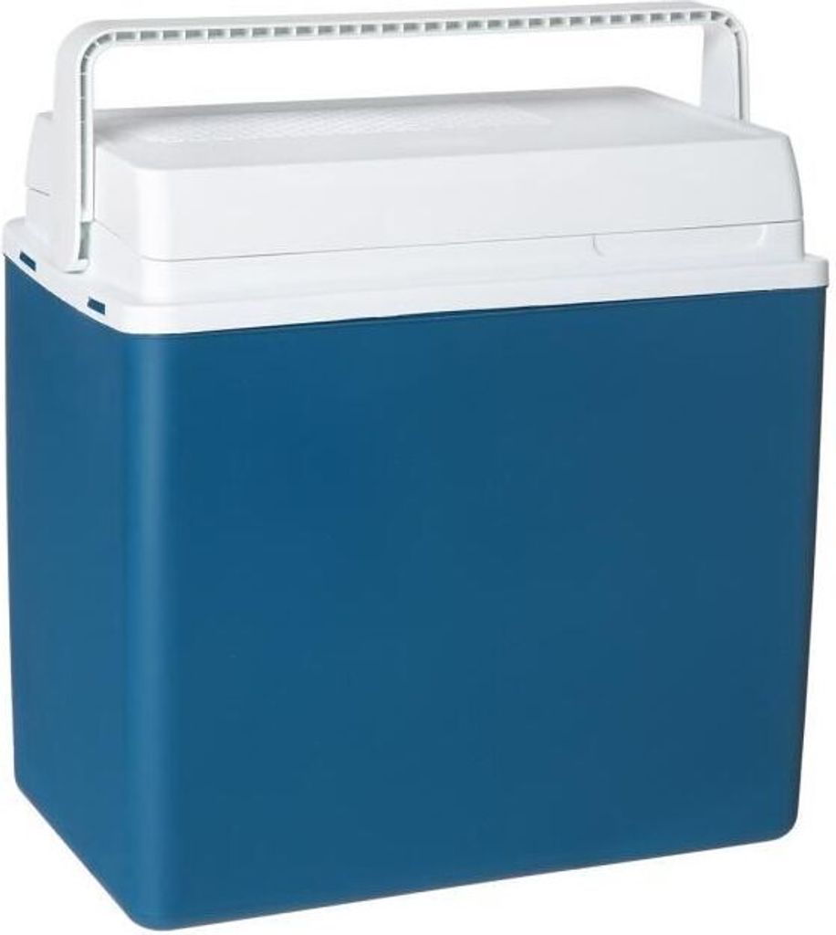 A blue and white cooler box with a white handle is shown against a white background.