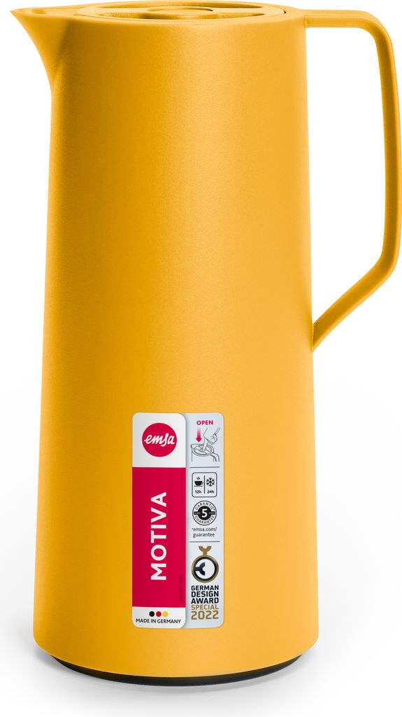 EMSA Motiva Isolierkanne, Isokanne, Kanne, Kaffeekanne, Edelstahl, Glas-Isolierkolben, Senfgelb, 1 L, N41708