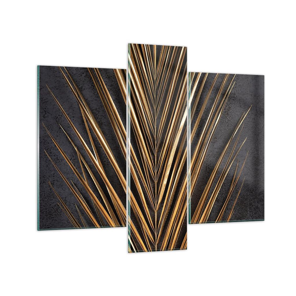 Bilder auf glas - 3 Teile - Blatt golden schwarz - 95x80cm - Glasbilder - Wandbilder - Bilder - zum Aufhängen bereit - Wanddekoration aus Glas - G...