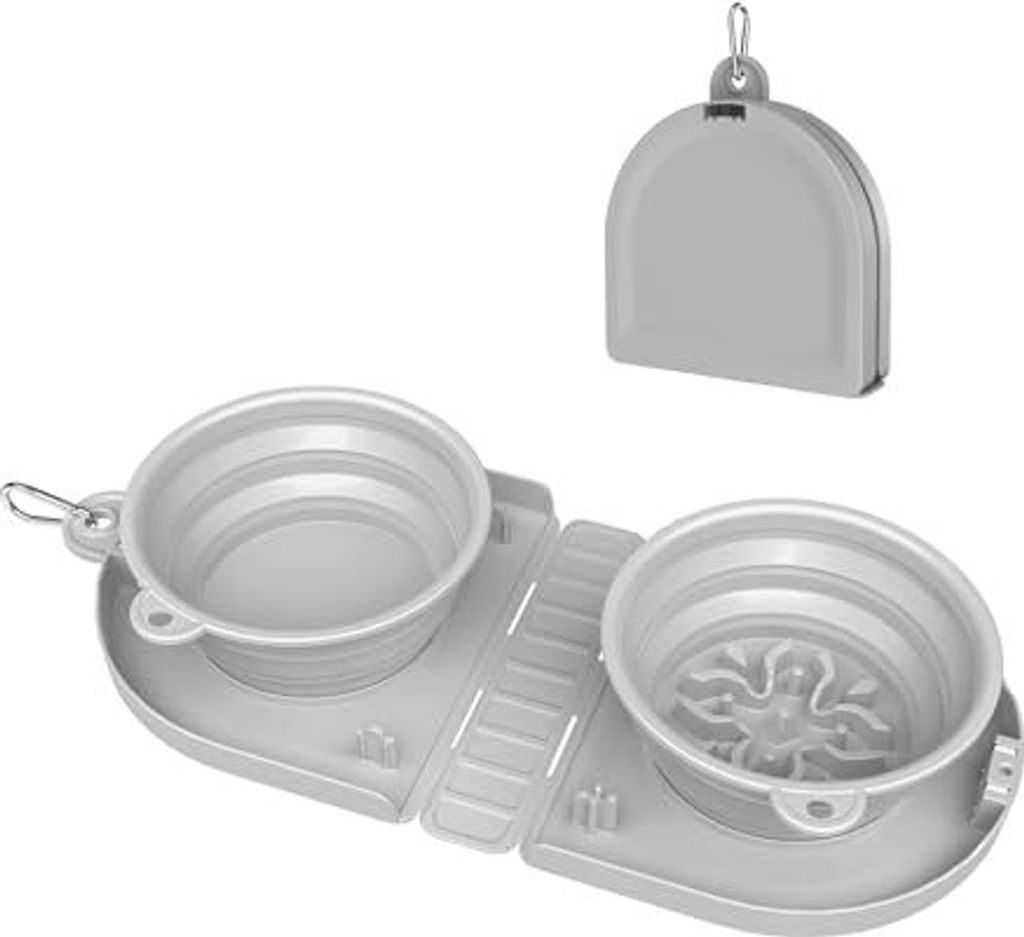 Faltbarer Hundenapf Reisenapf Hund Faltbare 2-in-1-Wassernapf und Futternapf Mit Karabiner für den Innen- Außenbereich (Doppelte Schüssel, Grau)