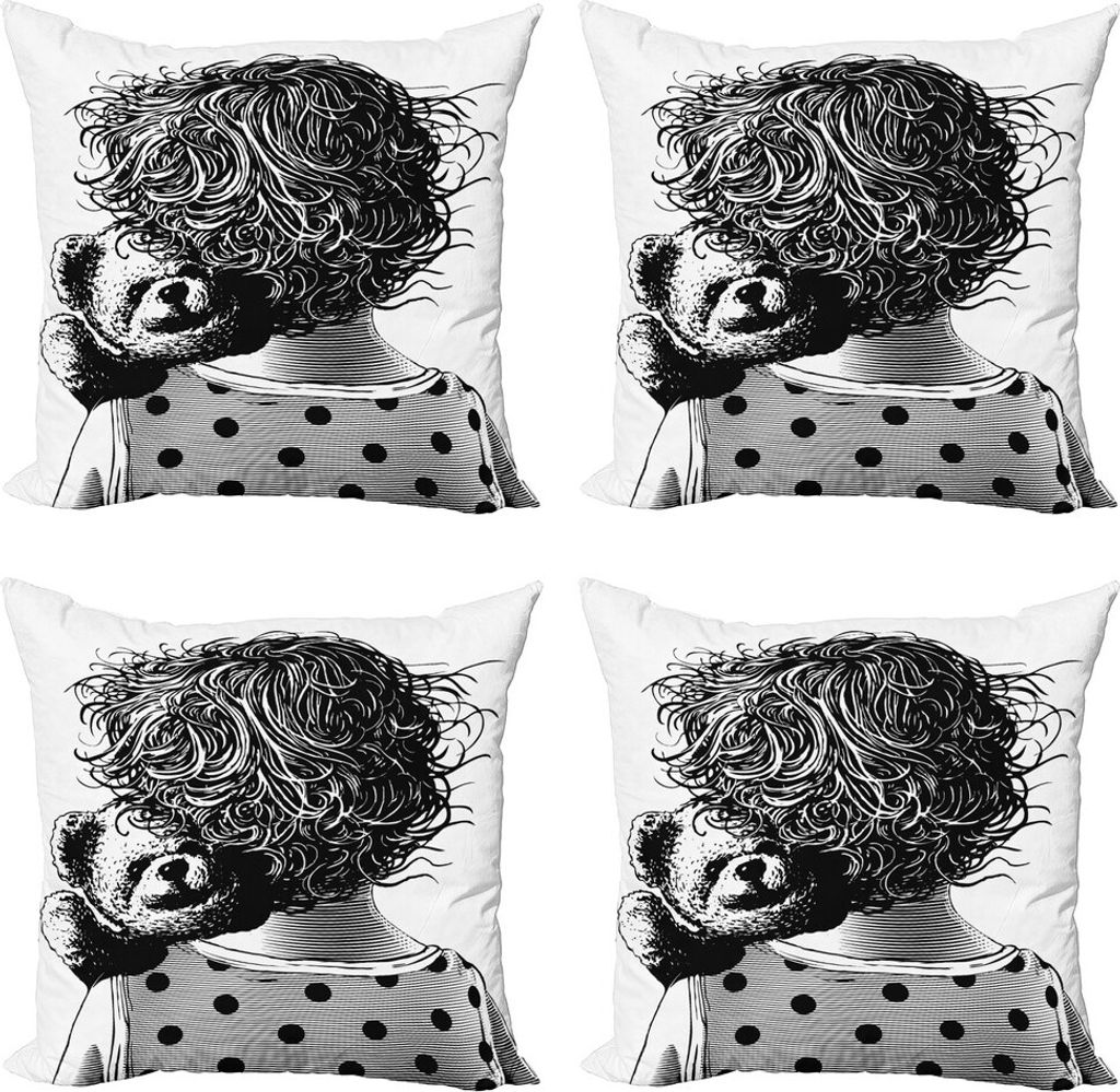 ABAKUHAUS Kindergarten Kissenbezug Set (4 Stück), Teddybär-Kind-Liebe, Moderner Doppelseitiger Digitaldruck, 40 cm x 40 cm, Charcoal Grau Weiß