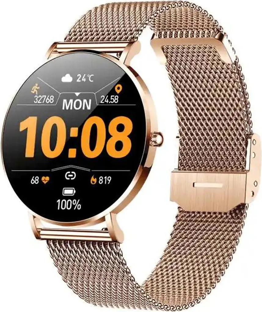 Montre connectée femme dorée chic avec suivi santé et notifications