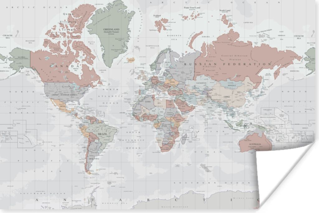 MuchoWow Poster Weltkarte - Vintage - Pastell - Erde - Grau - Pädagogisch 90x60 cm - Schlafzimmer