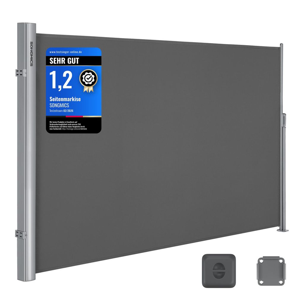 SONGMICS Alu Seitenmarkise 200 x 350 cm 280 g/m² ausziehbar Sichtschutz, Sonnenschutz für Balkon & Terrasse anthrazit GSA205G